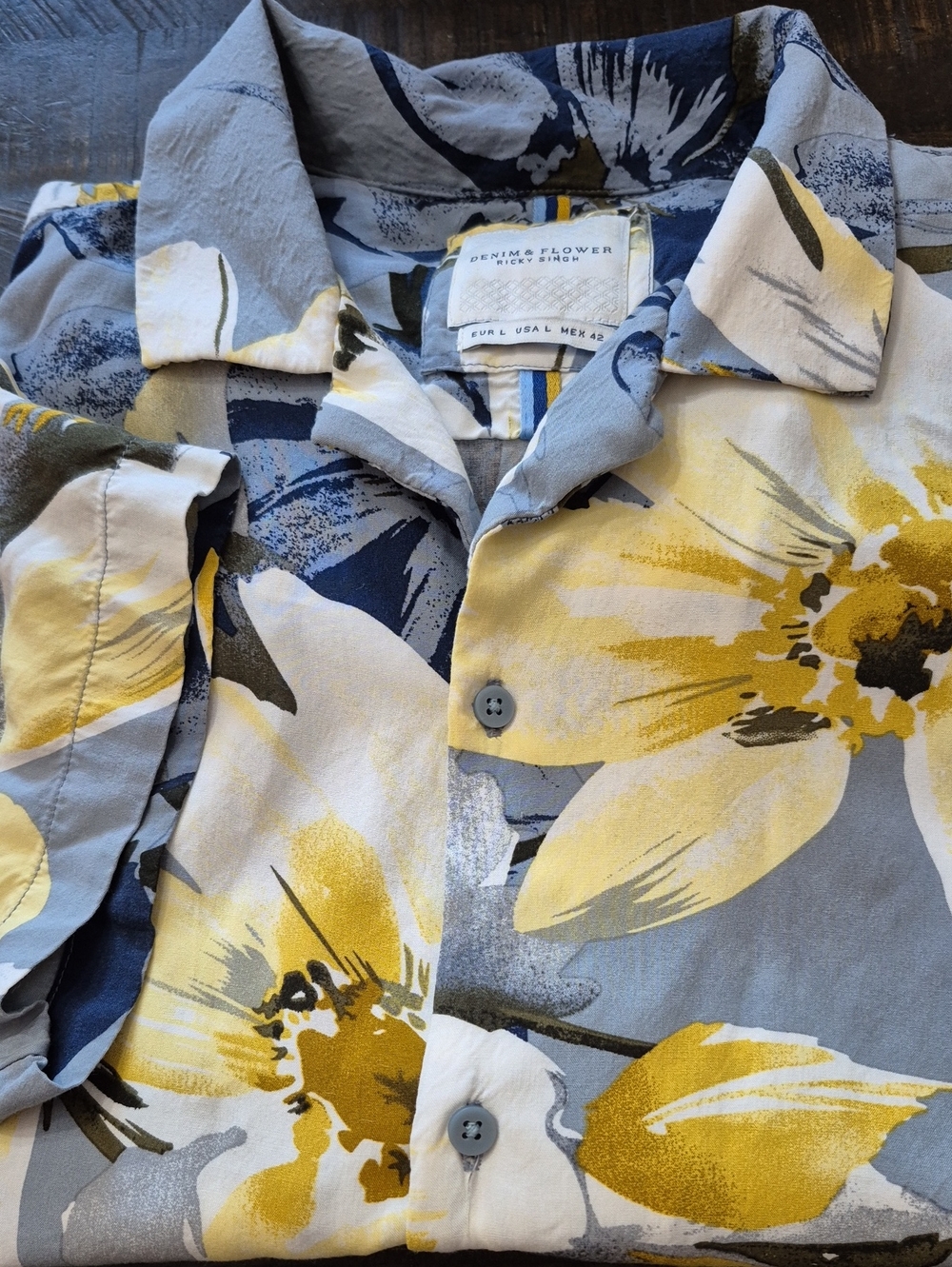Denim & Flower Men's Short Sleeve Floral Shirt in Gray, Yellow & Navy